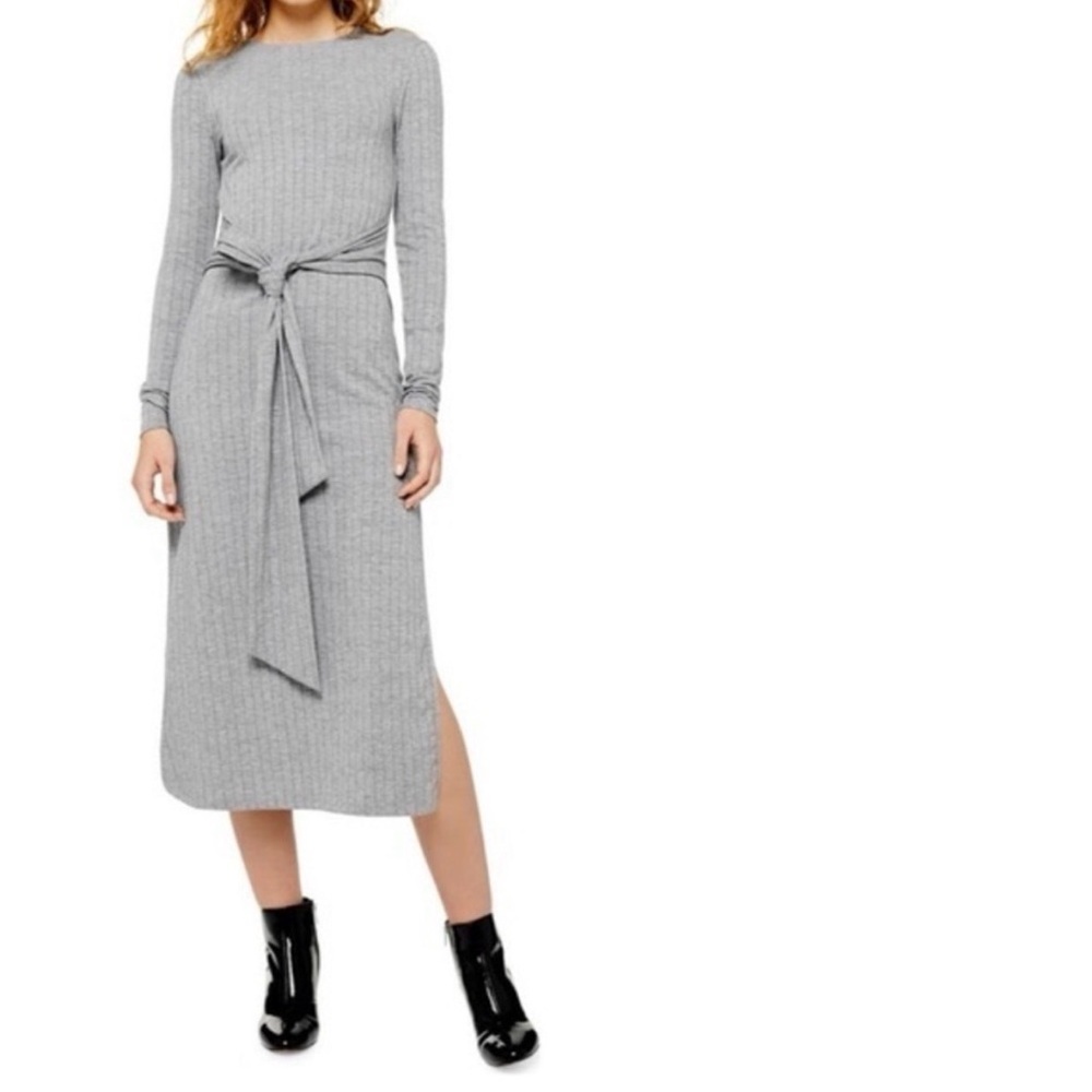 NWT Topshop Classic Rib Knit Wrap Midi Dress Tie waist Grey Size 6
